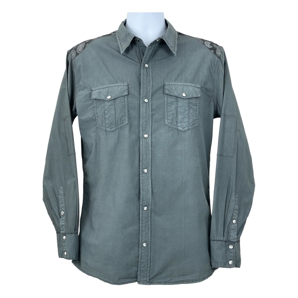 BKE Buckle Mens M Shirt Gray Pearl Snap Western Flip Cuffs Tailored Fit Pockets